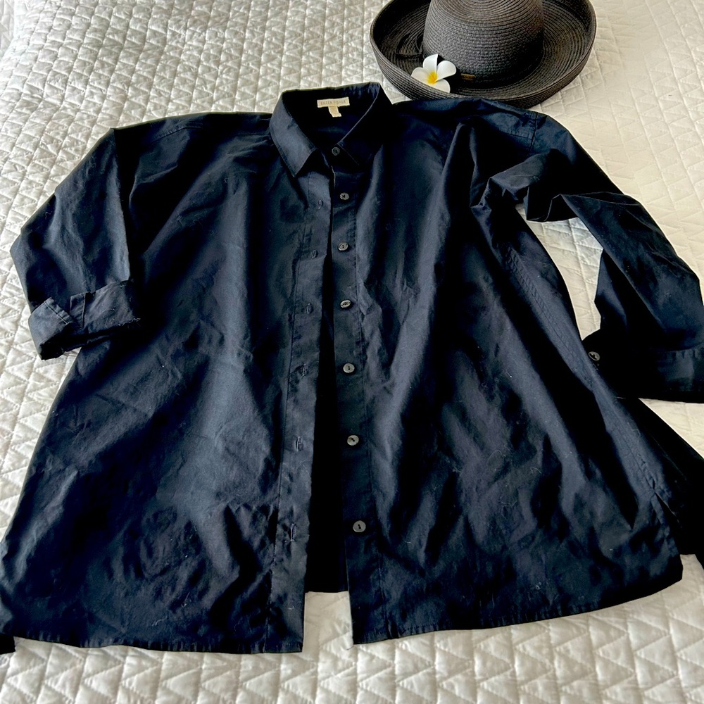 Eileen Fisher long length organic cotton collared black shirt Medium long sleeve